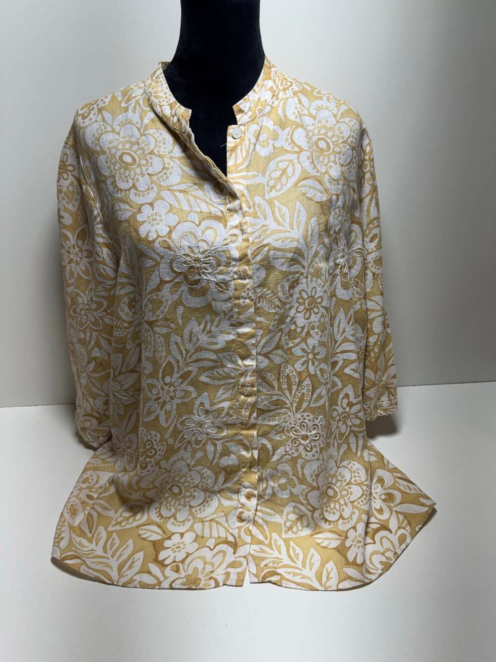 Laura Ashley Cream Button Down Linen Mandarin Collar 3/4 Sleeve Tunic Women 3X
